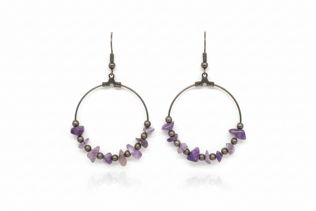 Just Neat Stuff Amethyst hoop drops — in-use photo