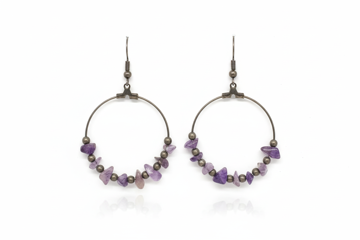 Just Neat Stuff Amethyst hoop drops — in-use photo