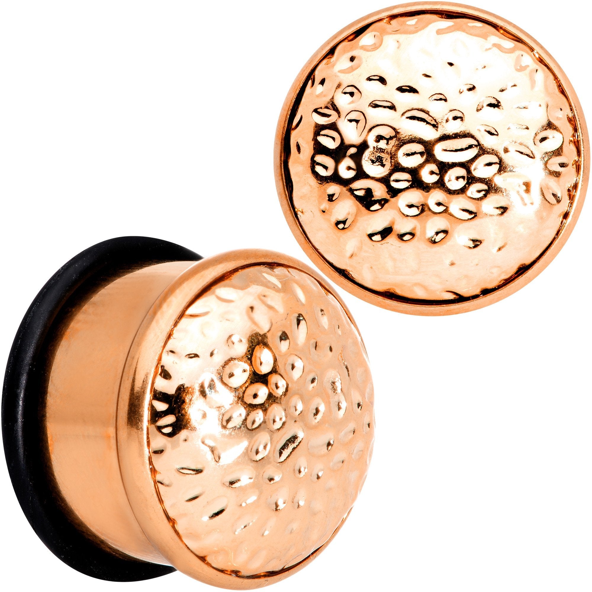 BodyCandy Rose Gold Tone Hammered Finish Single Flare Plug Set 6mm to 16mm Sizes — in-use context
