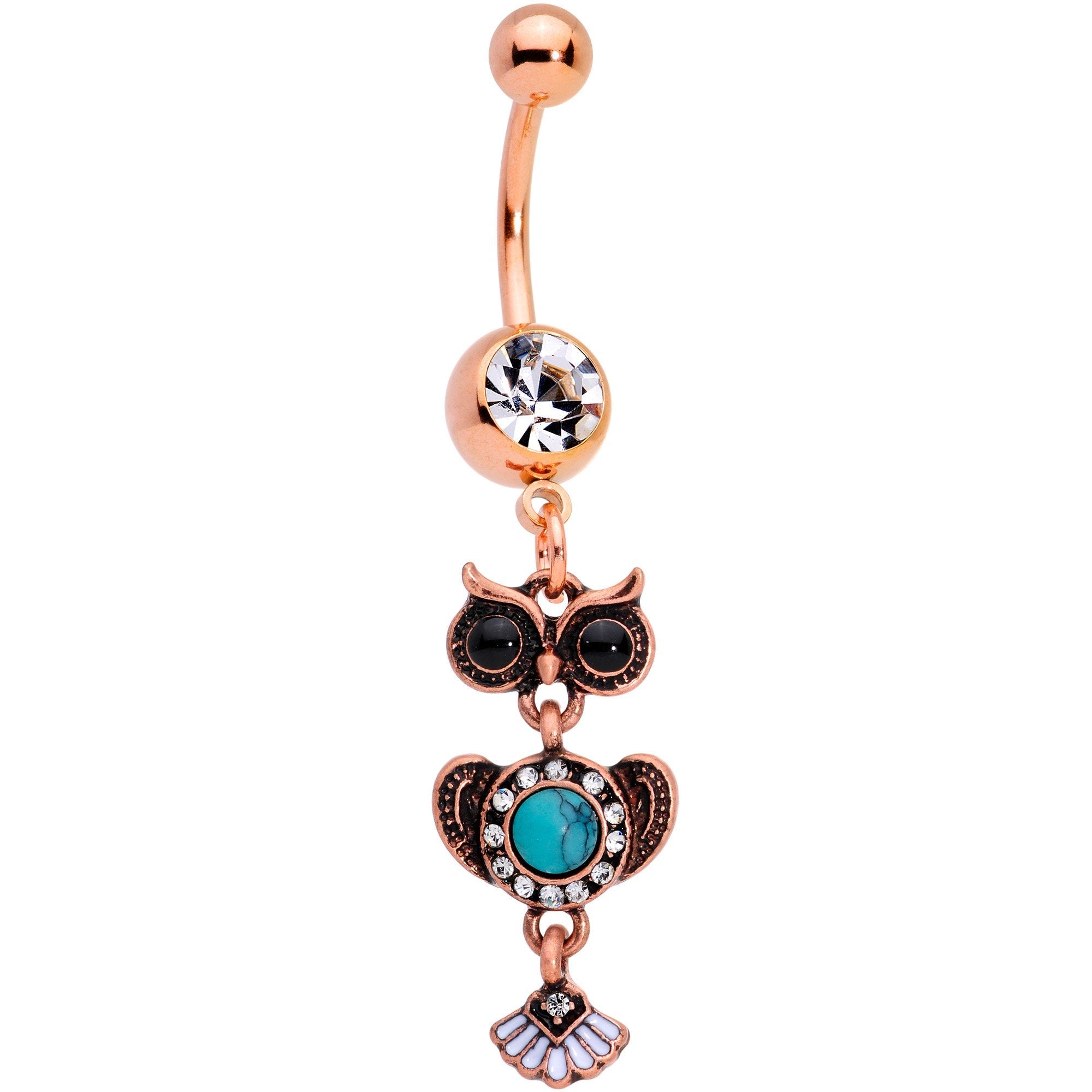 BodyCandy Faux Turquoise Rose Gold Tone Southwestern Wise Owl Dangle Belly Ring — main product shot