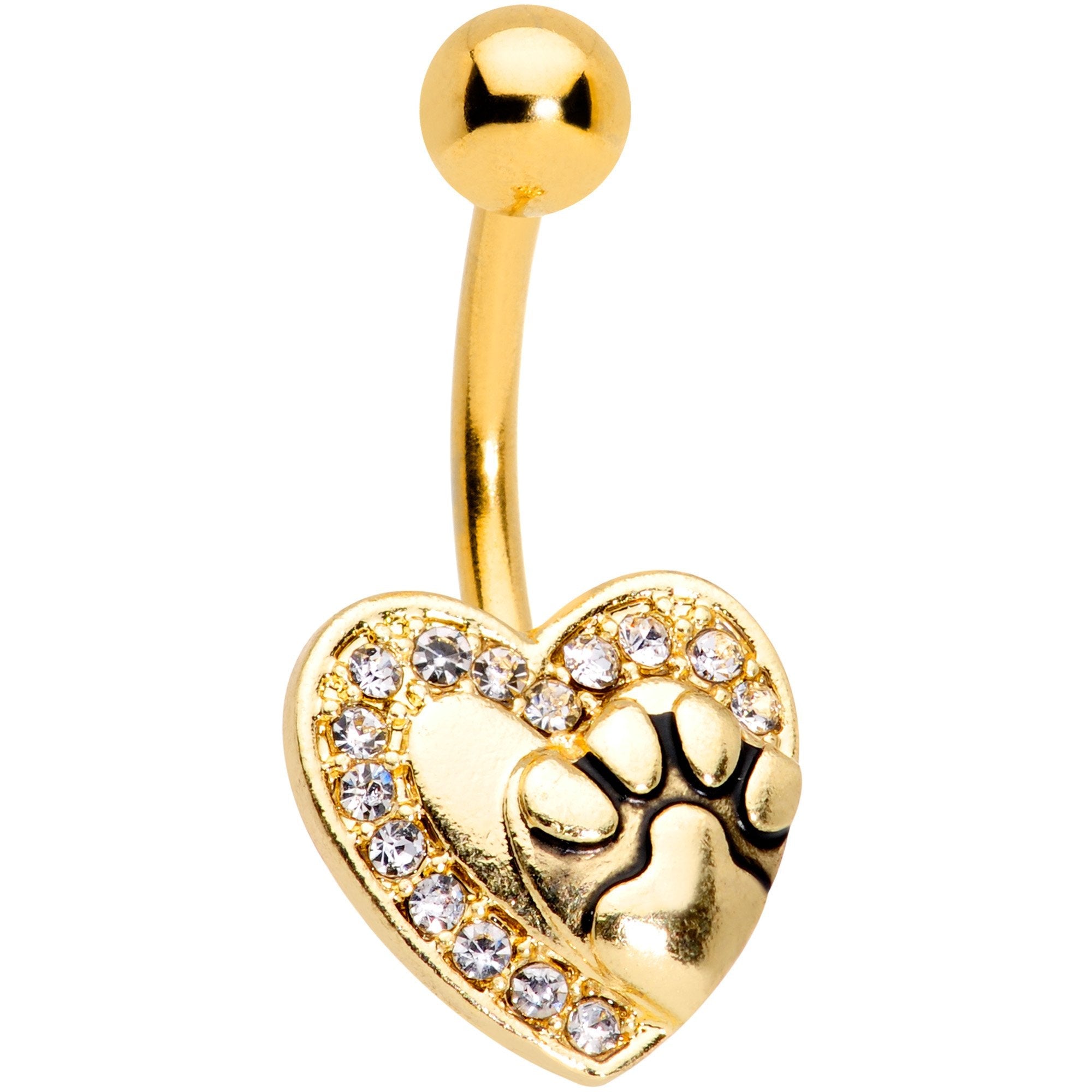 BodyCandy Clear Gem Gold Tone Dog Paw Print Heart Puppy Love Belly Ring — main product shot