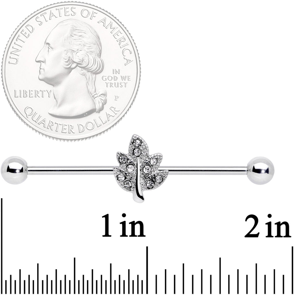 BodyCandy 14G Clear Gem Maple Leaf Industrial Barbell 38mm — detail close-up