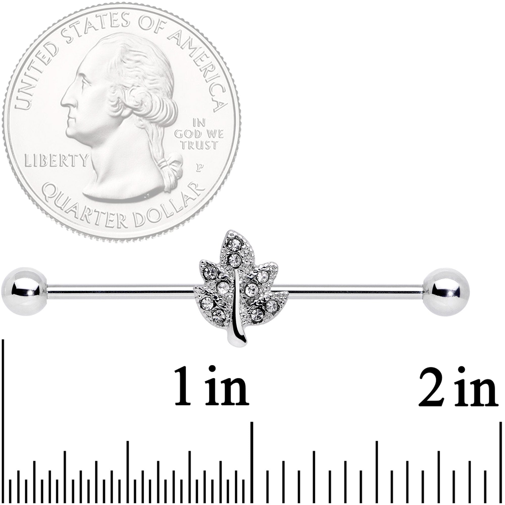 BodyCandy 14G Clear Gem Maple Leaf Industrial Barbell 38mm — detail close-up