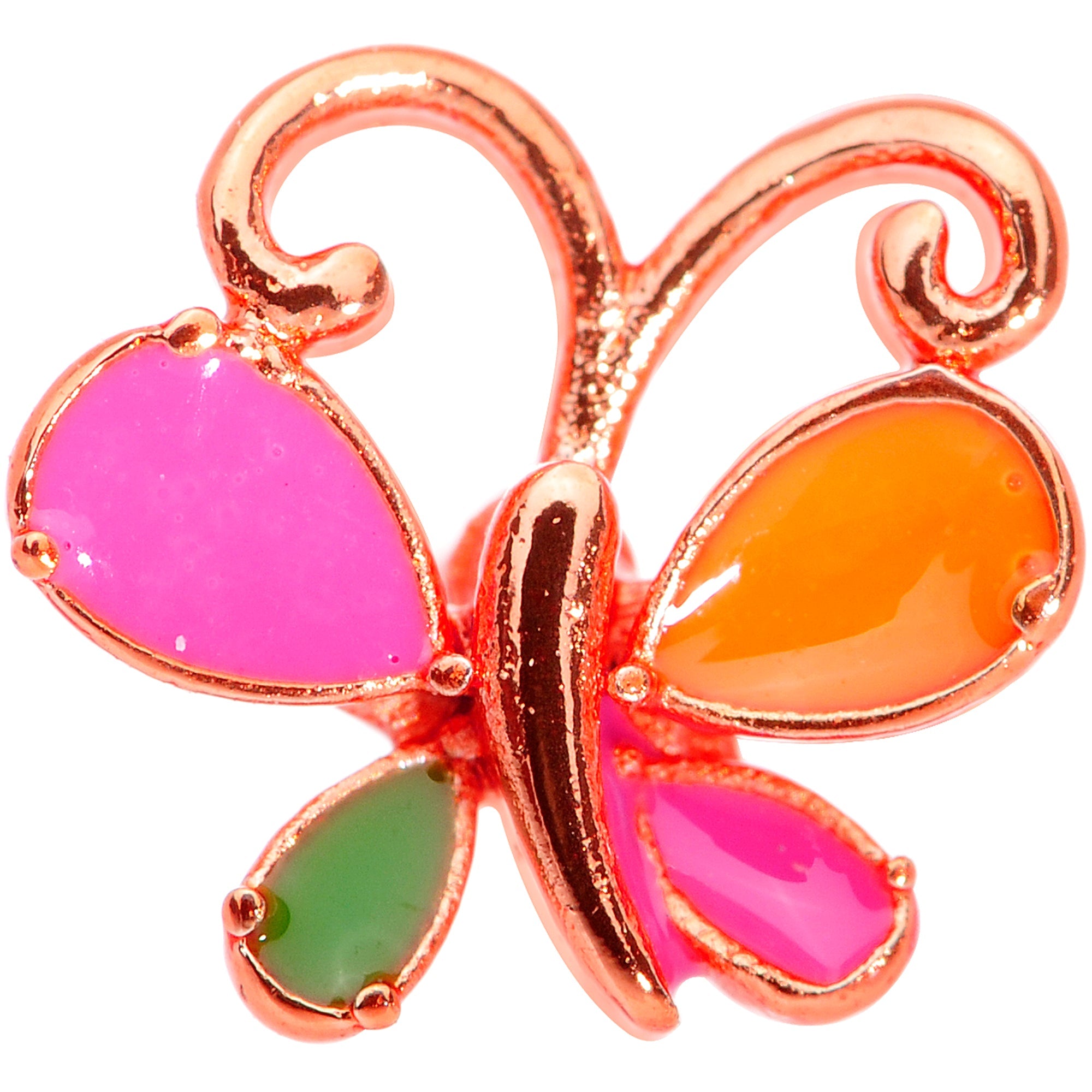 BodyCandy 20G 1/4 Pink Orange Rose Gold Tone Butterfly L Shaped Nose Ring — detail close-up