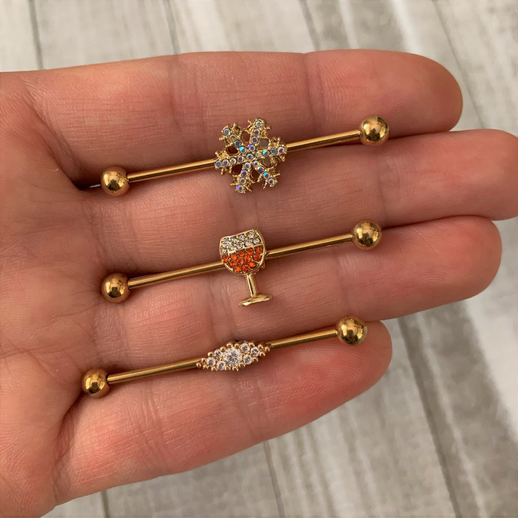 BodyCandy Orange Gem Gold Tone Holiday Wine Halloween Industrial Barbell 38mm — side view