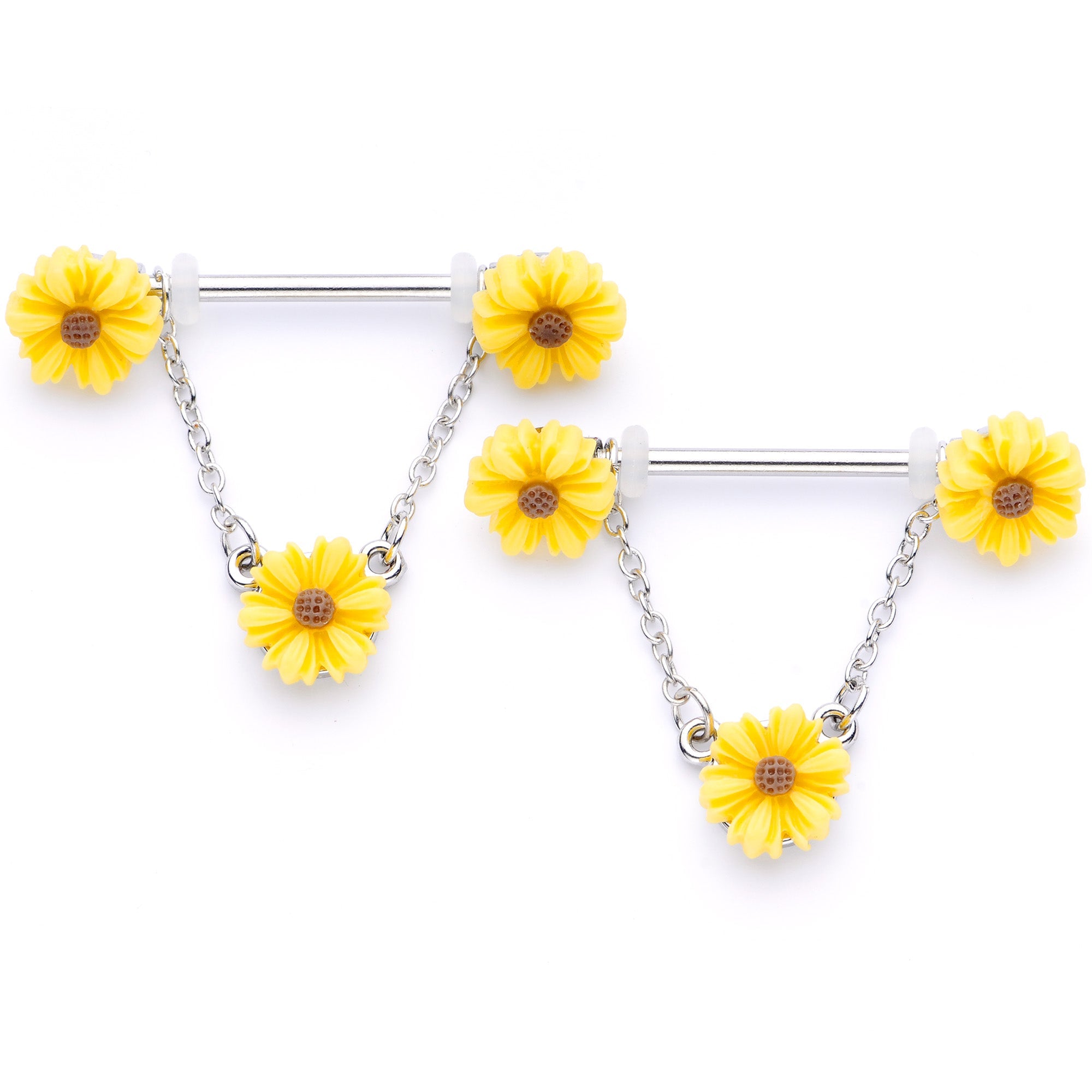 BodyCandy 14G 5/8 Yellow Sunflowers Dangle Nipple Ring Set — main product shot