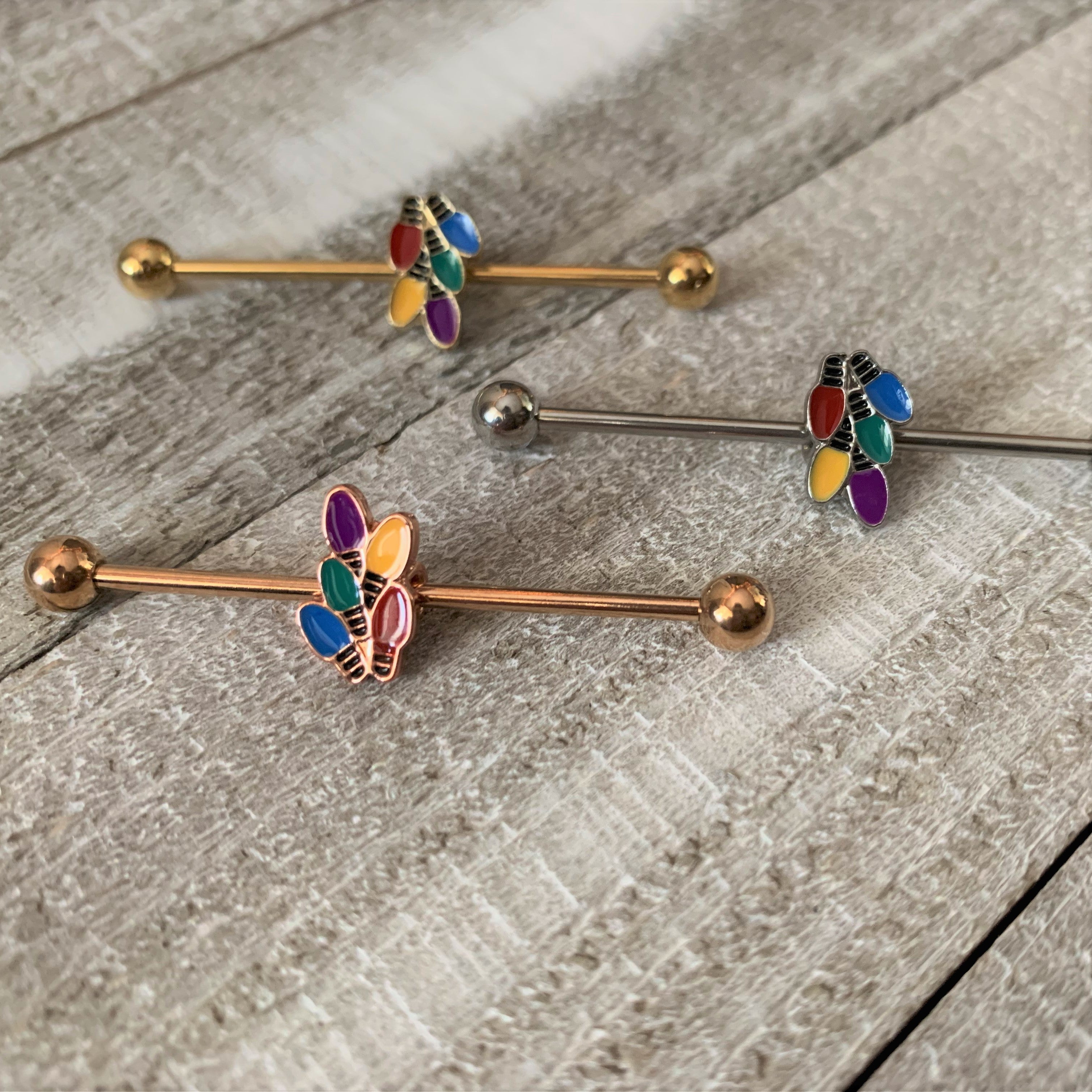 BodyCandy 14G Gold Tone Christmas Lights Industrial Barbell 38mm — lifestyle context