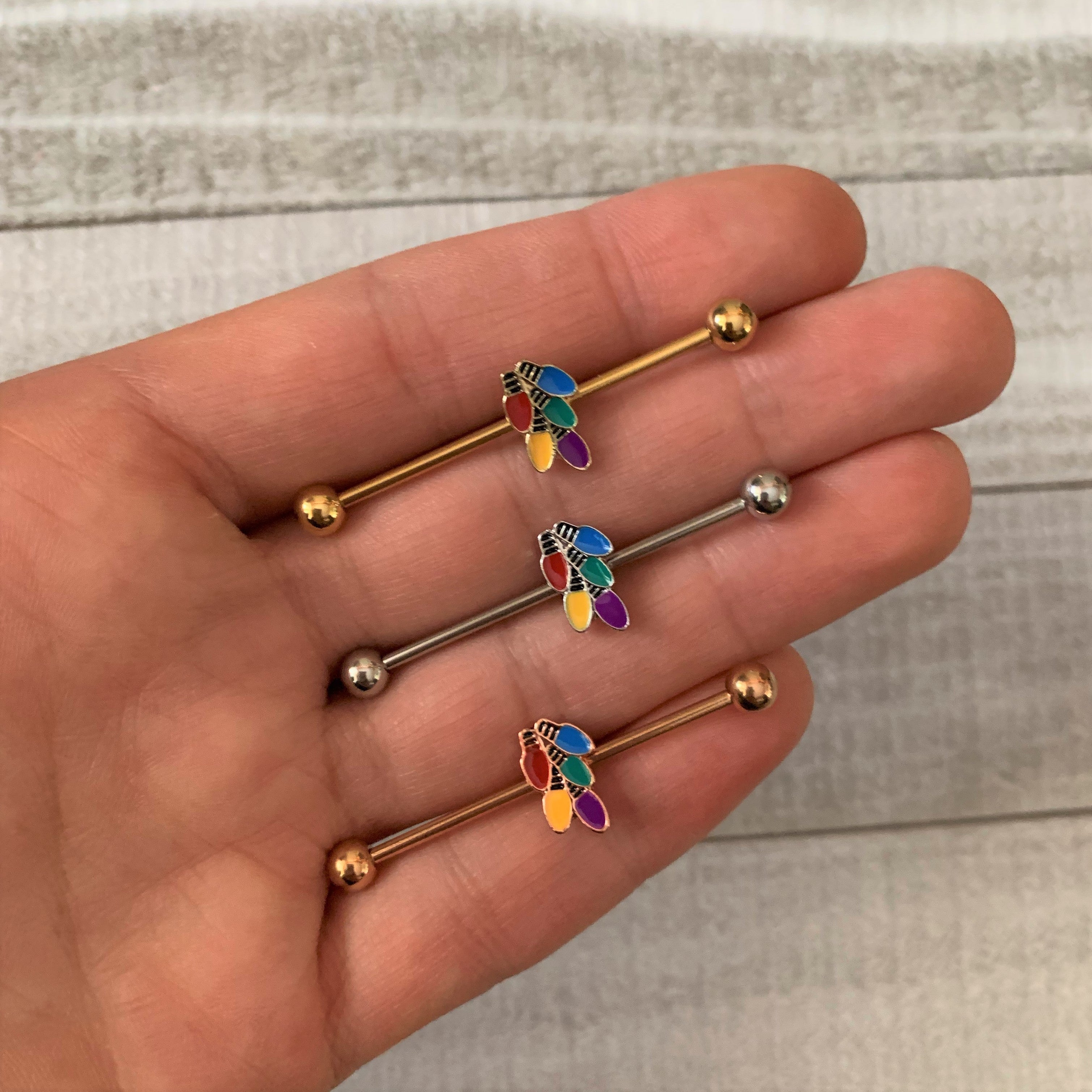 BodyCandy 14G Rose Gold Tone Christmas Lights Industrial Barbell 38mm — detail close-up