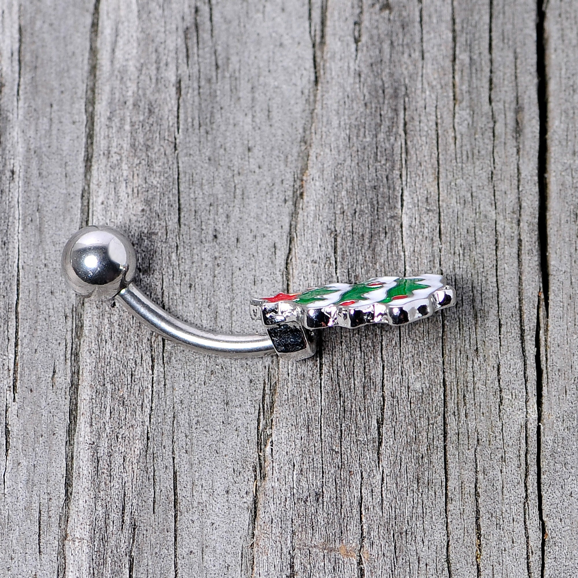 BodyCandy Green Red White Christmas Tree Holiday Belly Ring — back view