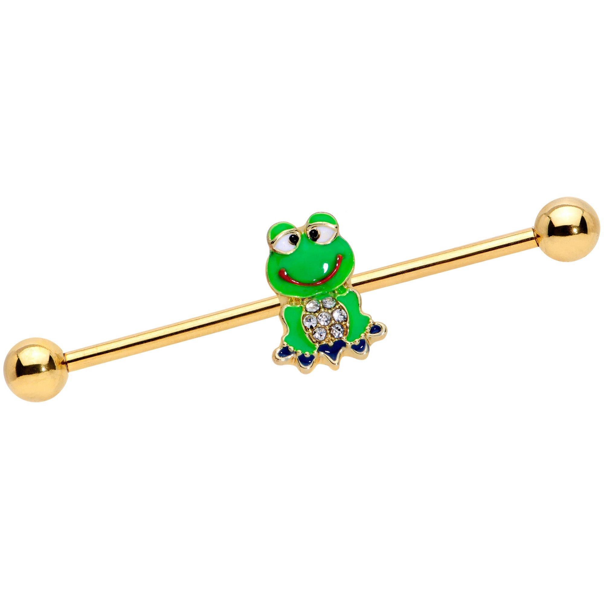 BodyCandy 14G Clear Gem Gold Tone Green Goofy Frog Industrial Barbell 38mm — main product shot