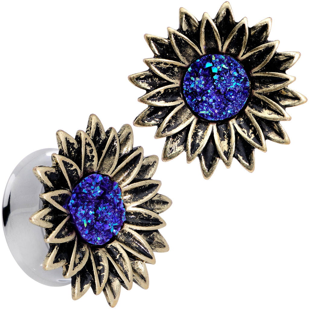 BodyCandy Blue Faux Druzy Sunburst Flower Double Flare Plug Set 2G to 1" — flat-lay composition