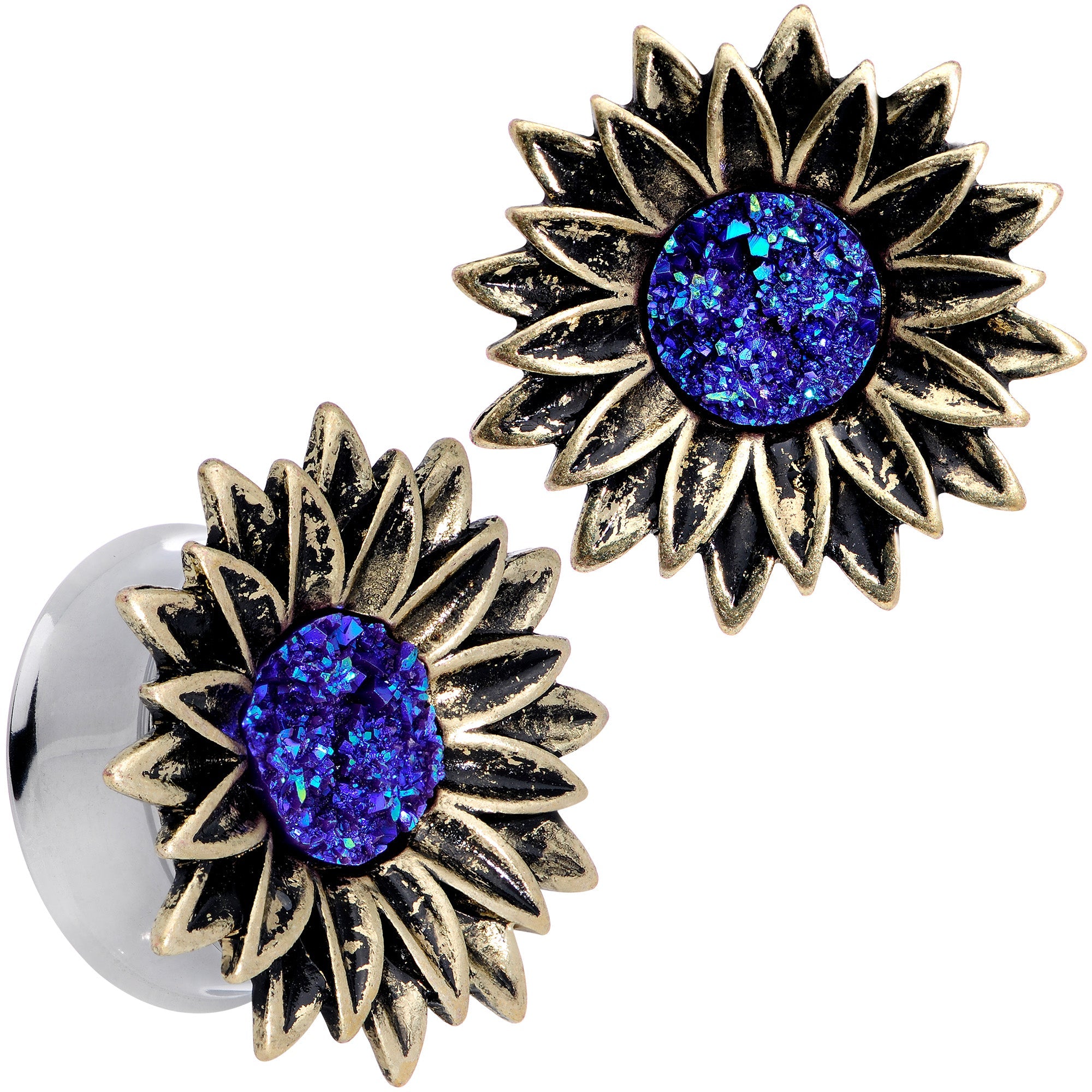 BodyCandy Blue Faux Druzy Sunburst Flower Double Flare Plug Set 2G to 1" — back view
