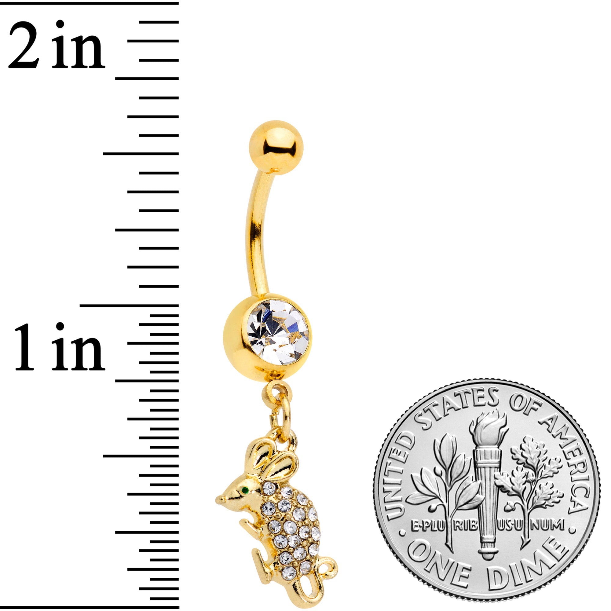 BodyCandy Clear Aqua Gem Gold Tone Mouse Dangle Belly Ring — detail close-up