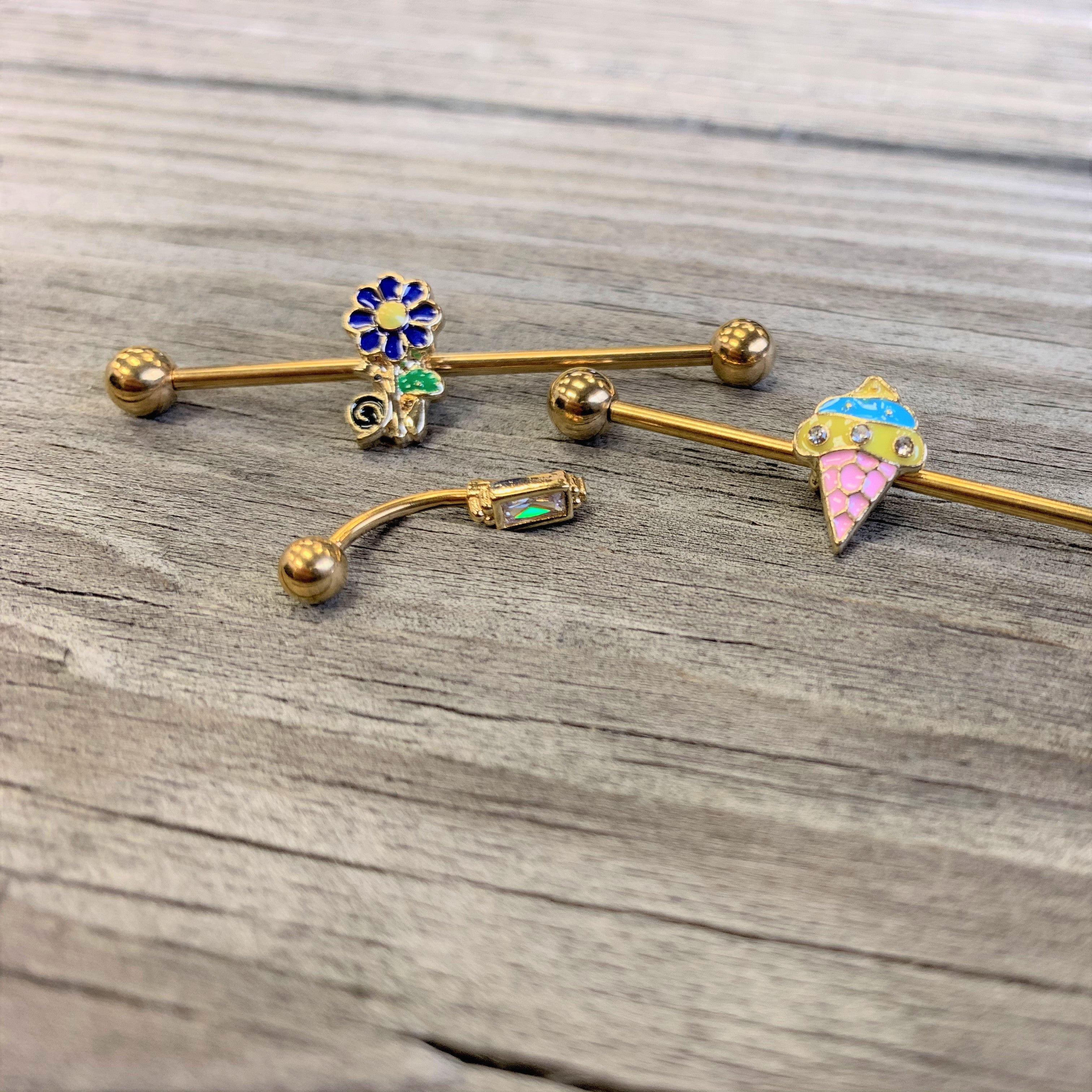BodyCandy 14G Gold Tone Blue Green Snail Flower Industrial Barbell 38mm — detail close-up
