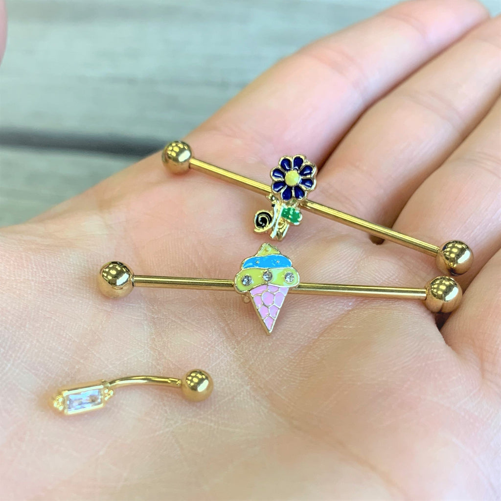 BodyCandy 14G Clear Gem Gold Tone Ice Cream Cone Industrial Barbell 38mm — lifestyle context