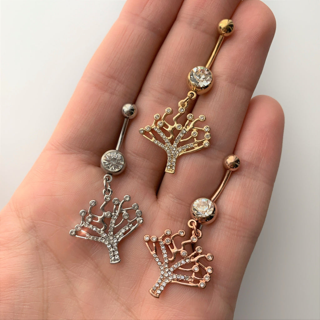 BodyCandy Clear CZ Gem Angular Tree of Life Dangle Belly Ring — lifestyle context