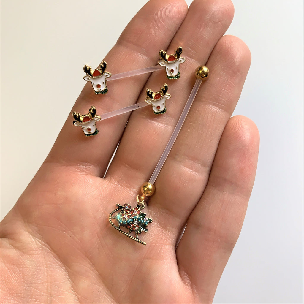 BodyCandy 14G 9/16 Bioplast Reindeer Christmas Barbell Nipple Ring Set — detail close-up