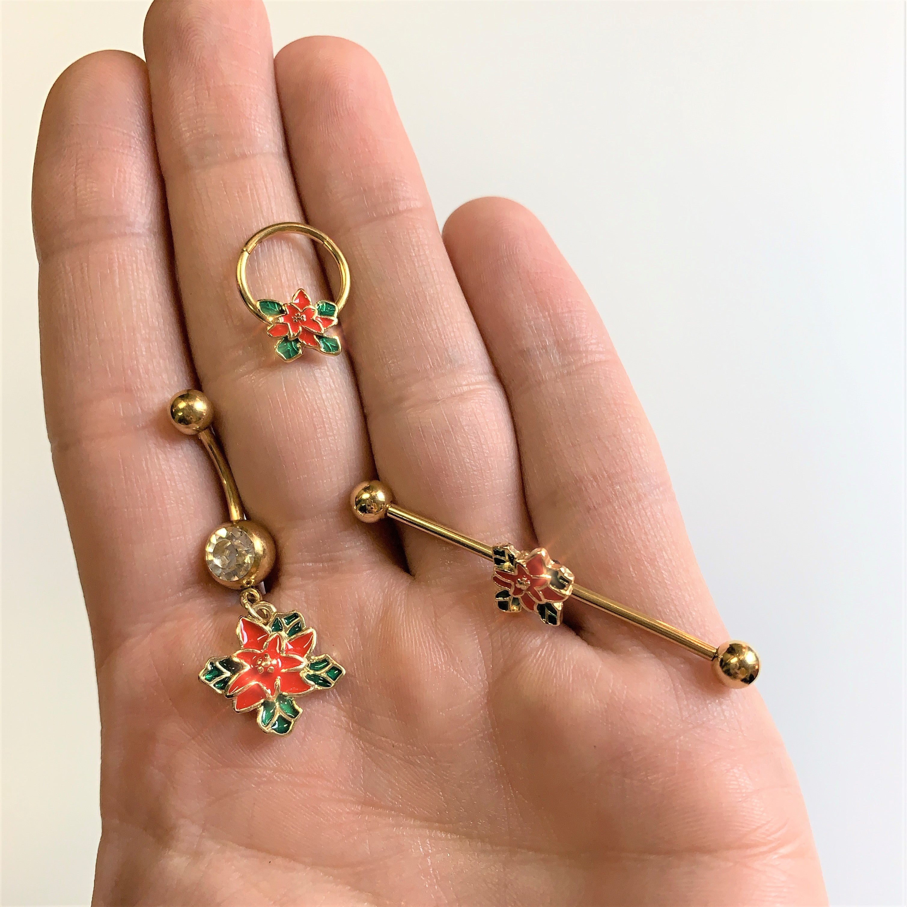 BodyCandy 14G Gold Tone PVD Poinsettia Christmas Industrial Barbell 38mm — back view