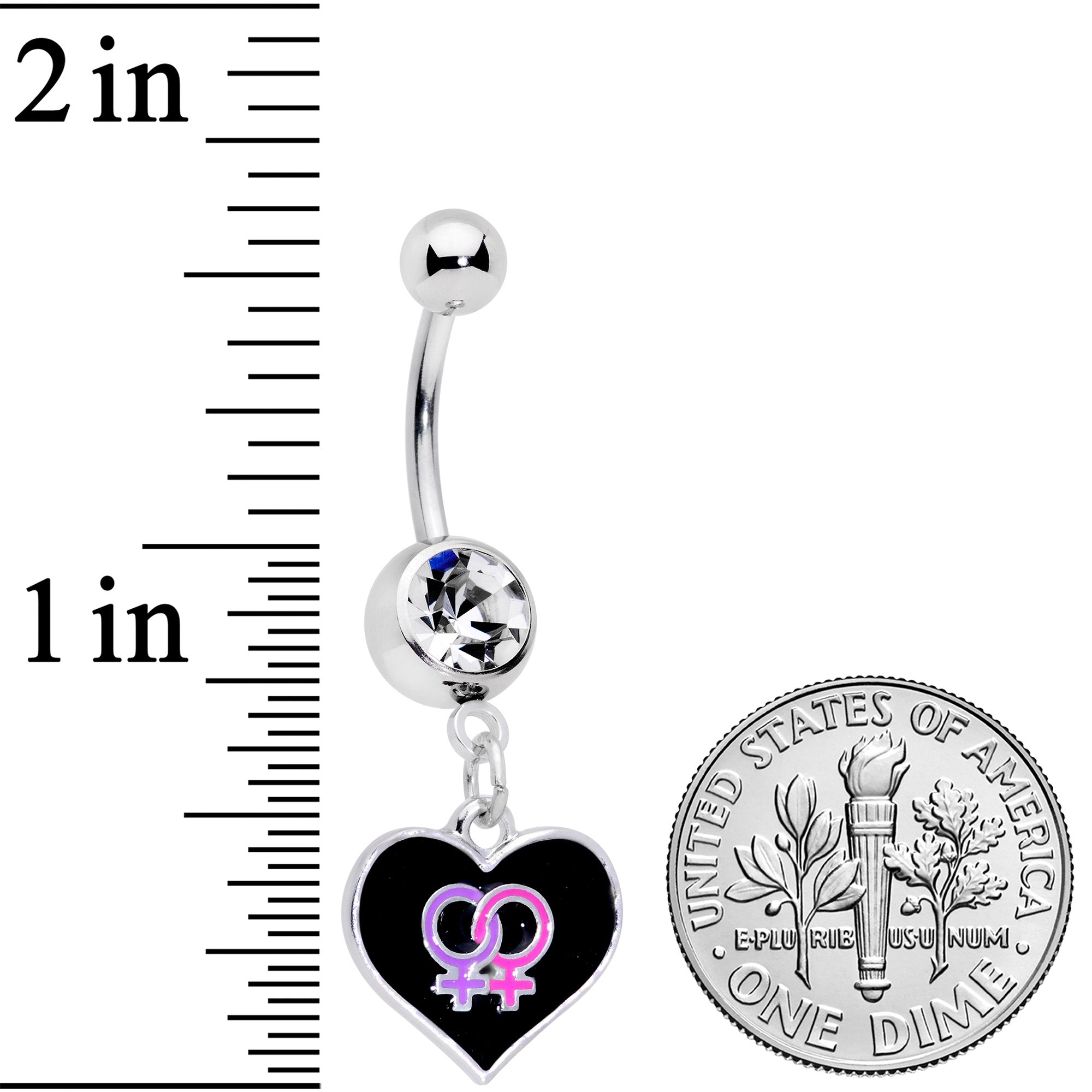 BodyCandy Clear Gem Lesbian Love Heart Dangle Belly Ring — detail close-up