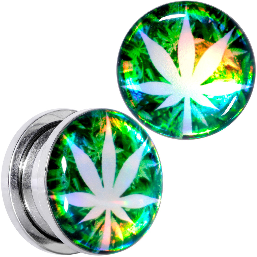 BodyCandy Green Hologram Marijuana Weed Leaf Screw Fit Plug Set 6G to 1 Inch — comparison shot