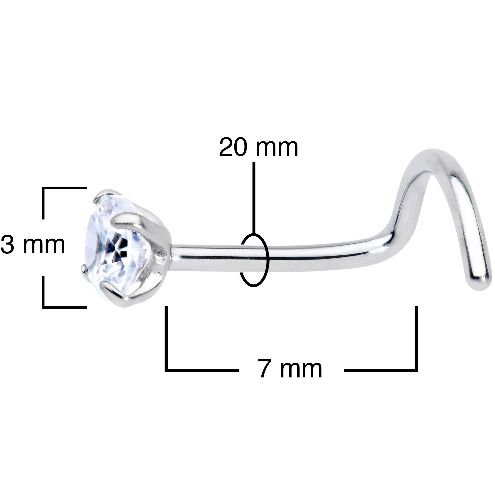 BodyCandy 20G 7mm Clear 3mm CZ Gem Grade 23 Titanium Left Nose Ring Screw — side view