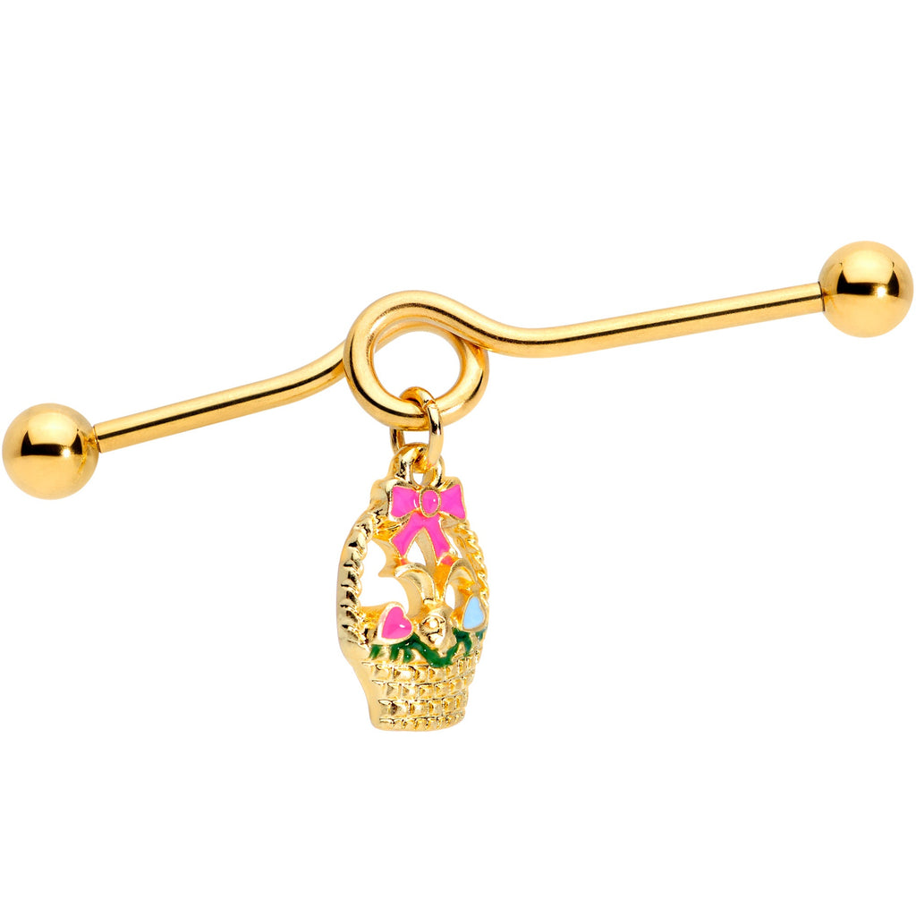 BodyCandy 14G Gold Tone Easter Basket Glow Dangle Project Bar 38mm — detail close-up