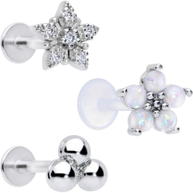 16G 5/16 CZ Gem White Faux Opal Bioplast Labret Tragus Set of 3