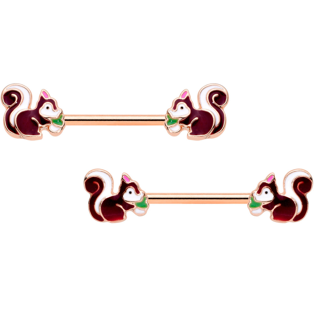 BodyCandy 14G 9/16 Rose Gold Tone Snacking Squirrel Barbell Nipple Ring Set — main product shot
