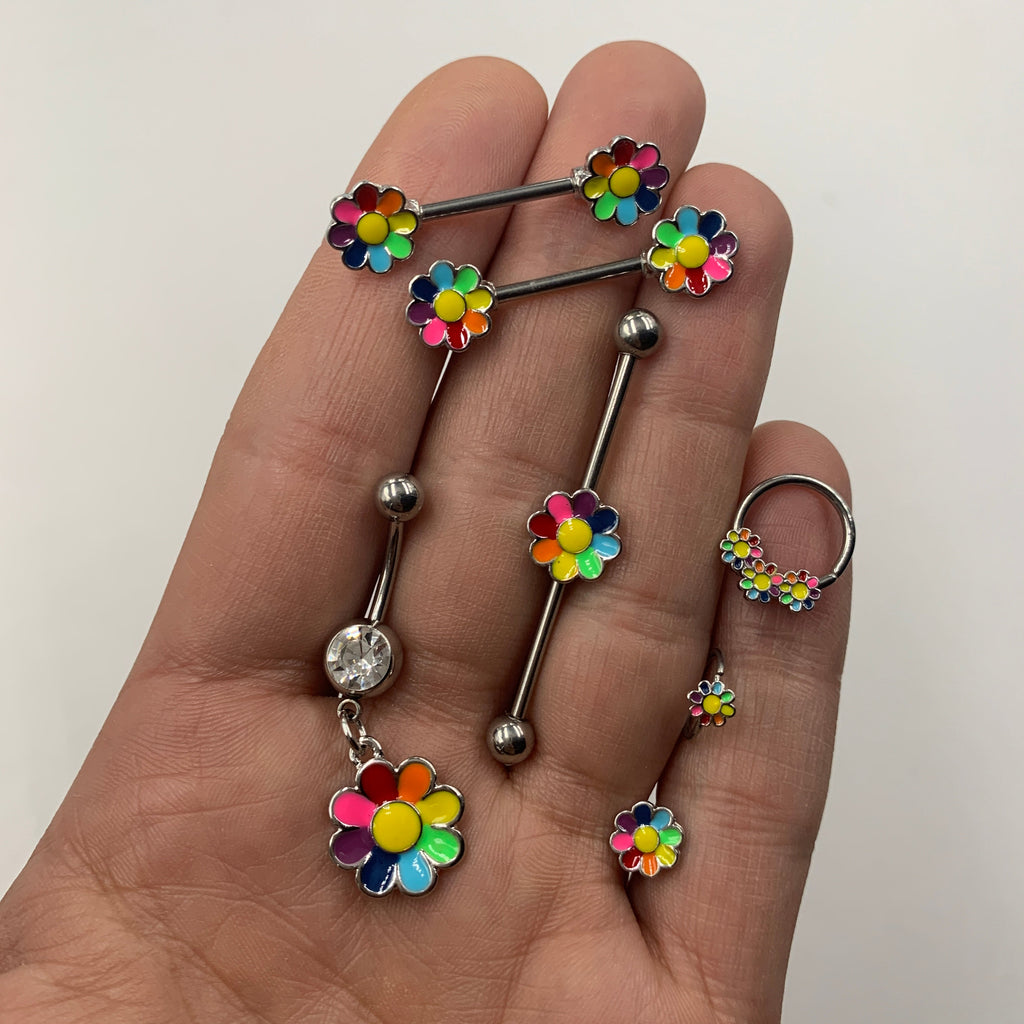 BodyCandy 16G 3/8 Rainbow Hippie Flower Septum Ring — detail close-up
