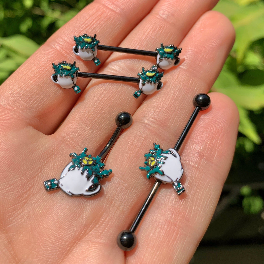 BodyCandy 14G Black Creepy Halloween Tea Industrial Barbell 38mm — detail close-up