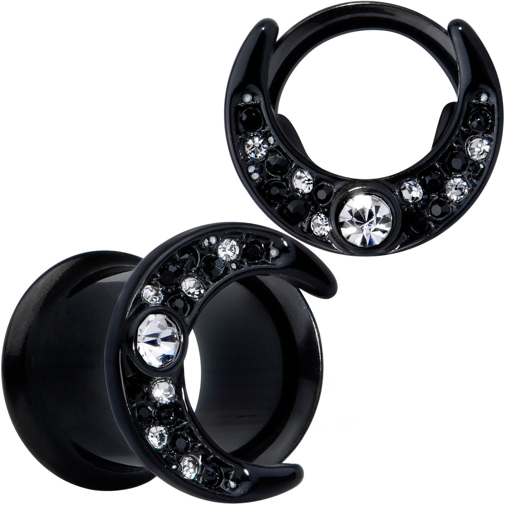 BodyCandy Clear Gem Black Crescent Moon Double Flare Tunnel Plug Set — in-use photo