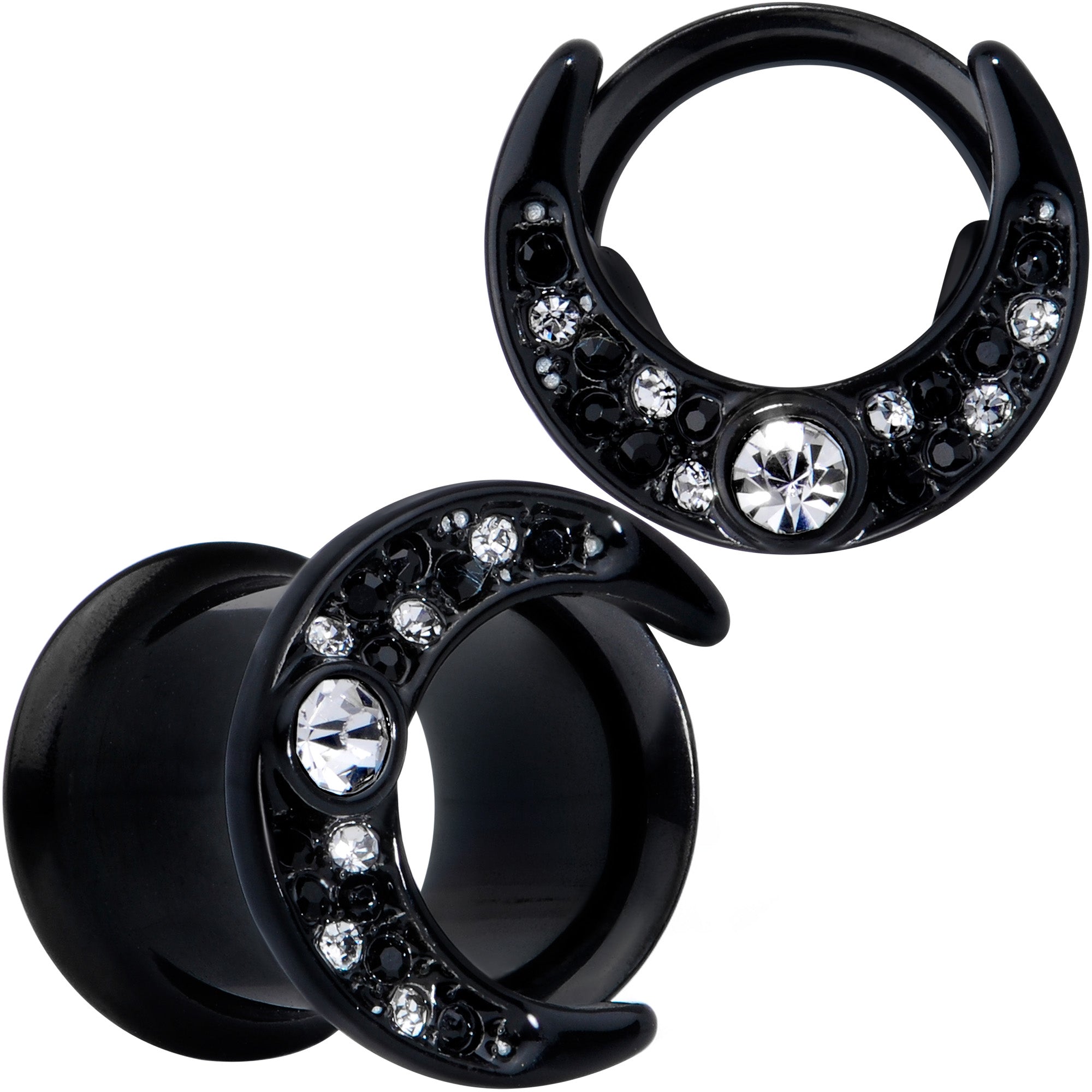 BodyCandy Clear Gem Black Crescent Moon Double Flare Tunnel Plug Set — in-use photo