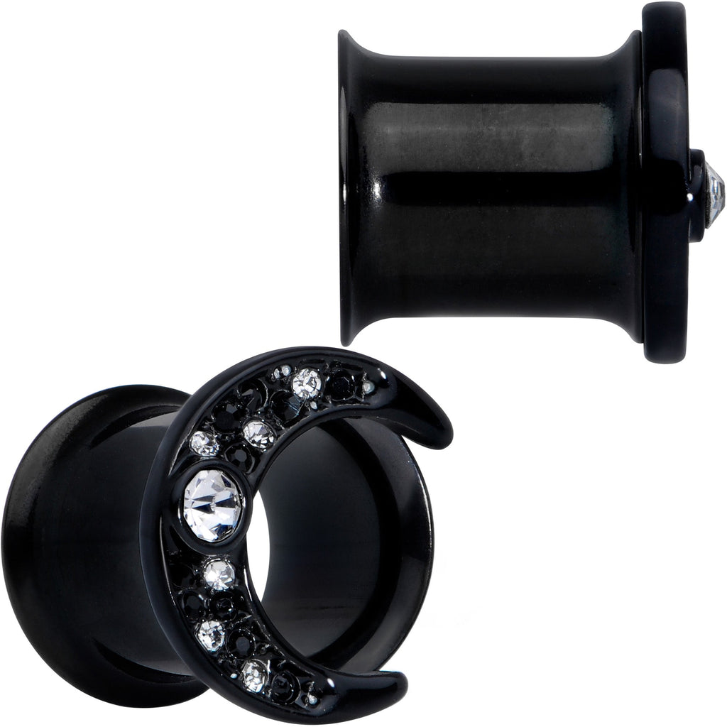 BodyCandy Clear Gem Black Crescent Moon Double Flare Tunnel Plug Set — side view