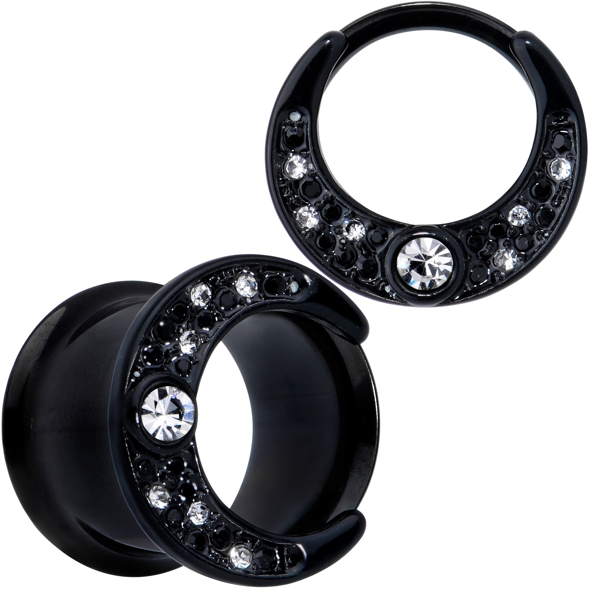 BodyCandy Clear Gem Black Crescent Moon Double Flare Tunnel Plug Set — size reference