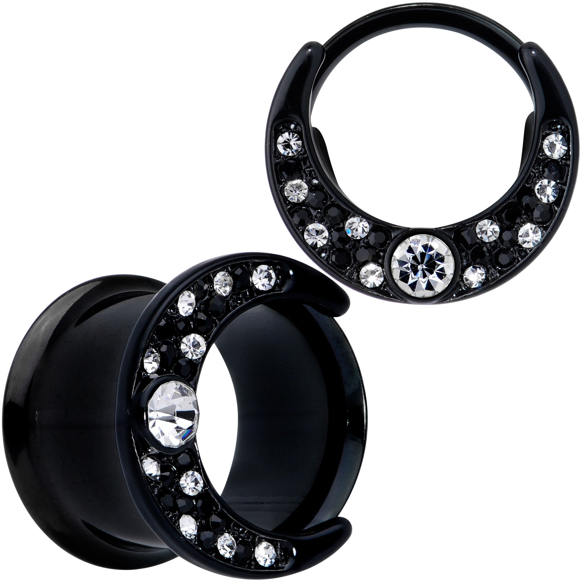 BodyCandy Clear Gem Black Crescent Moon Double Flare Tunnel Plug Set — color detail