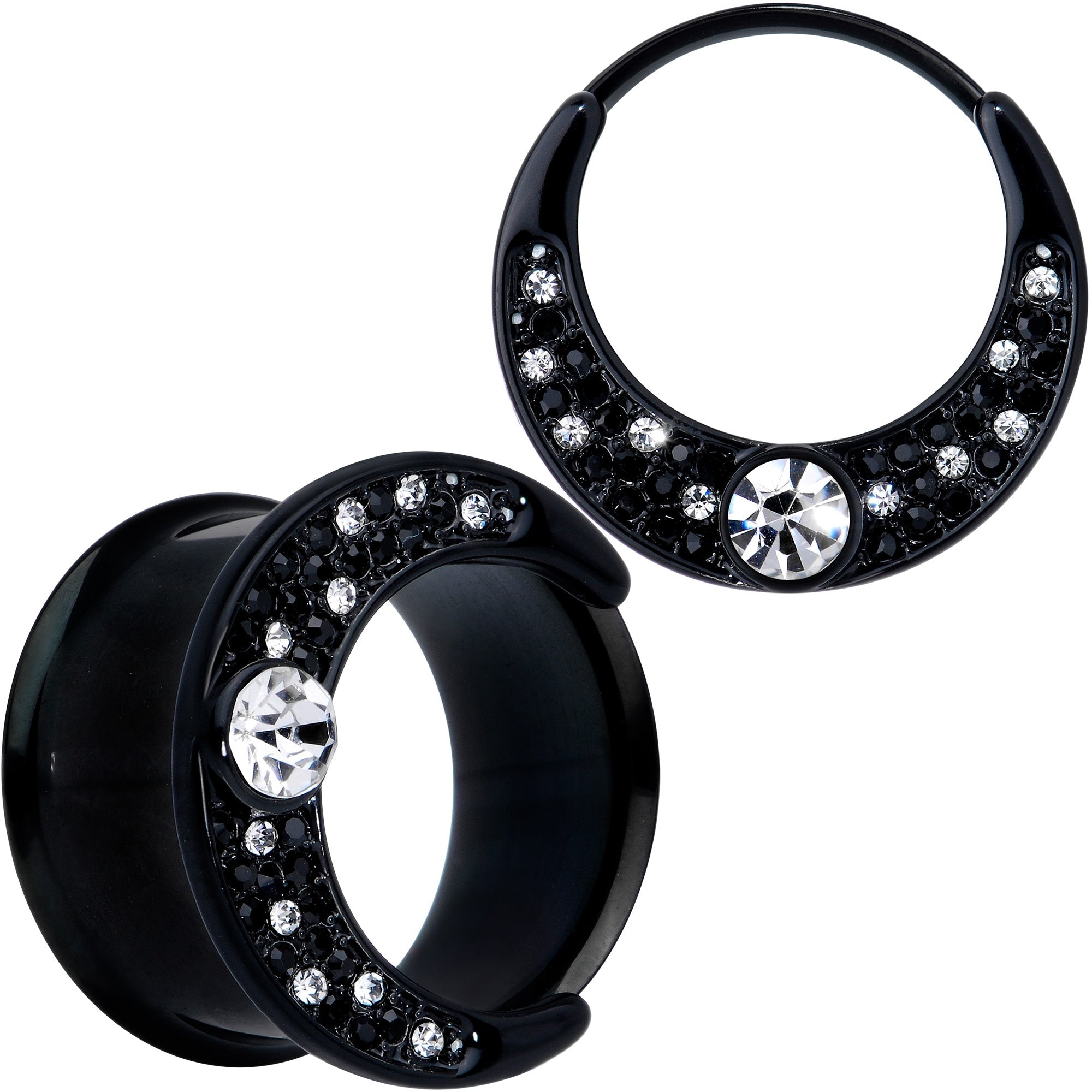 BodyCandy Clear Gem Black Crescent Moon Double Flare Tunnel Plug Set — comparison shot