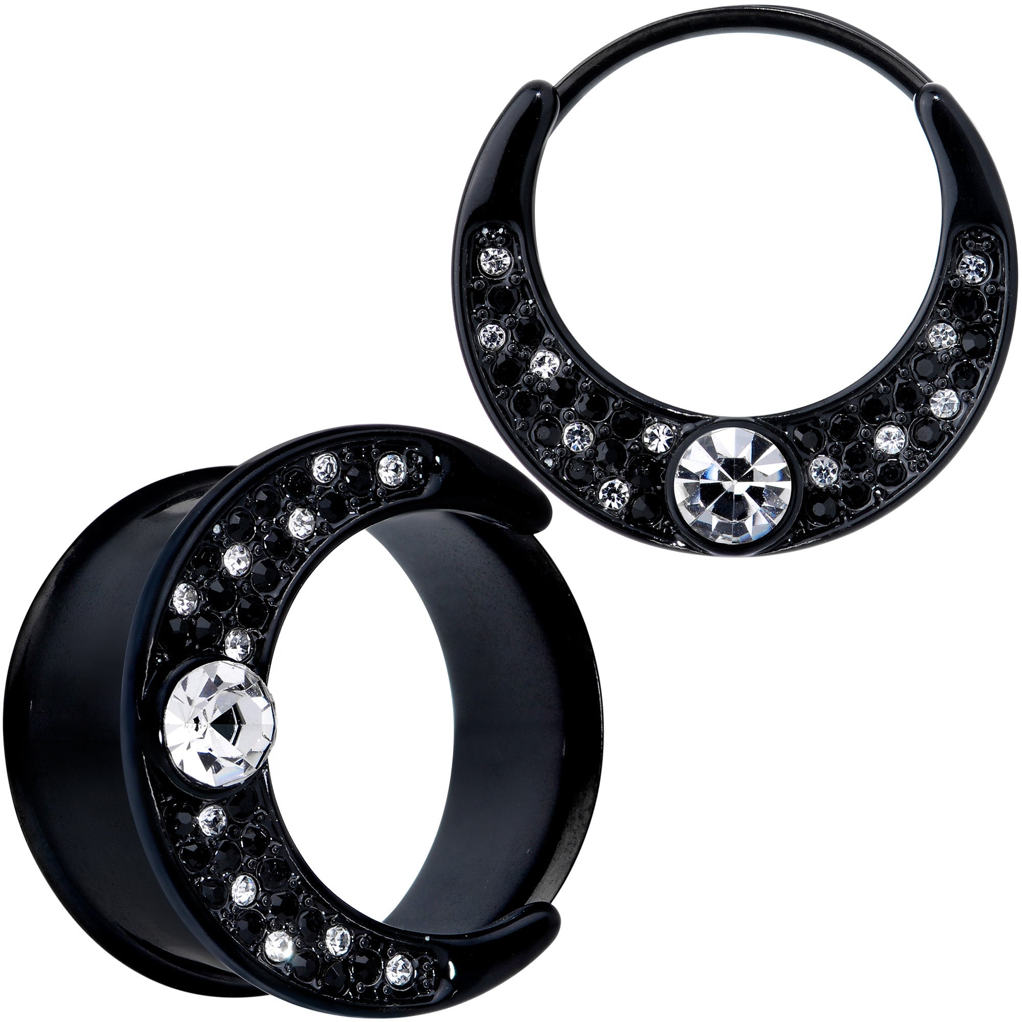 BodyCandy Clear Gem Black Crescent Moon Double Flare Tunnel Plug Set — fabric or material detail