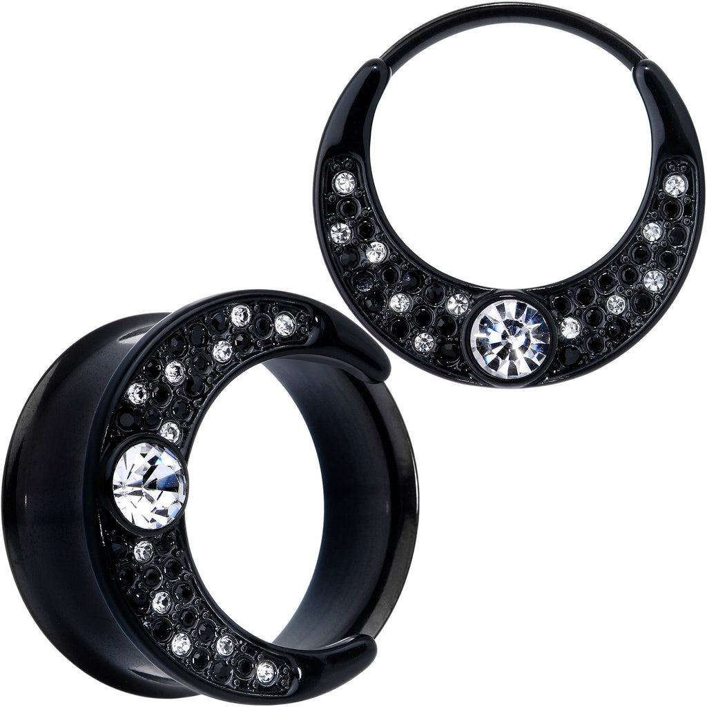 BodyCandy Clear Gem Black Crescent Moon Double Flare Tunnel Plug Set — feature highlight
