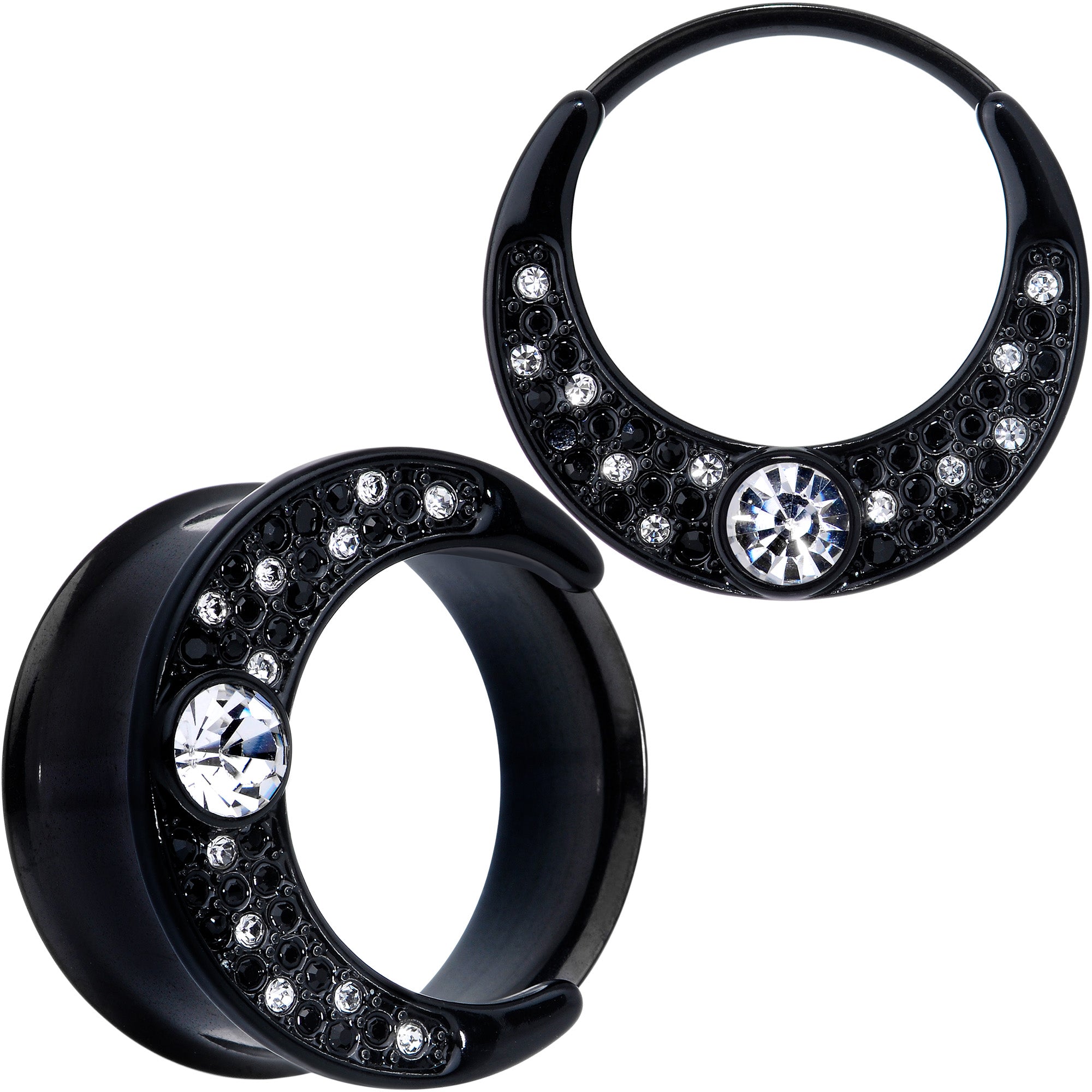 BodyCandy Clear Gem Black Crescent Moon Double Flare Tunnel Plug Set — feature highlight