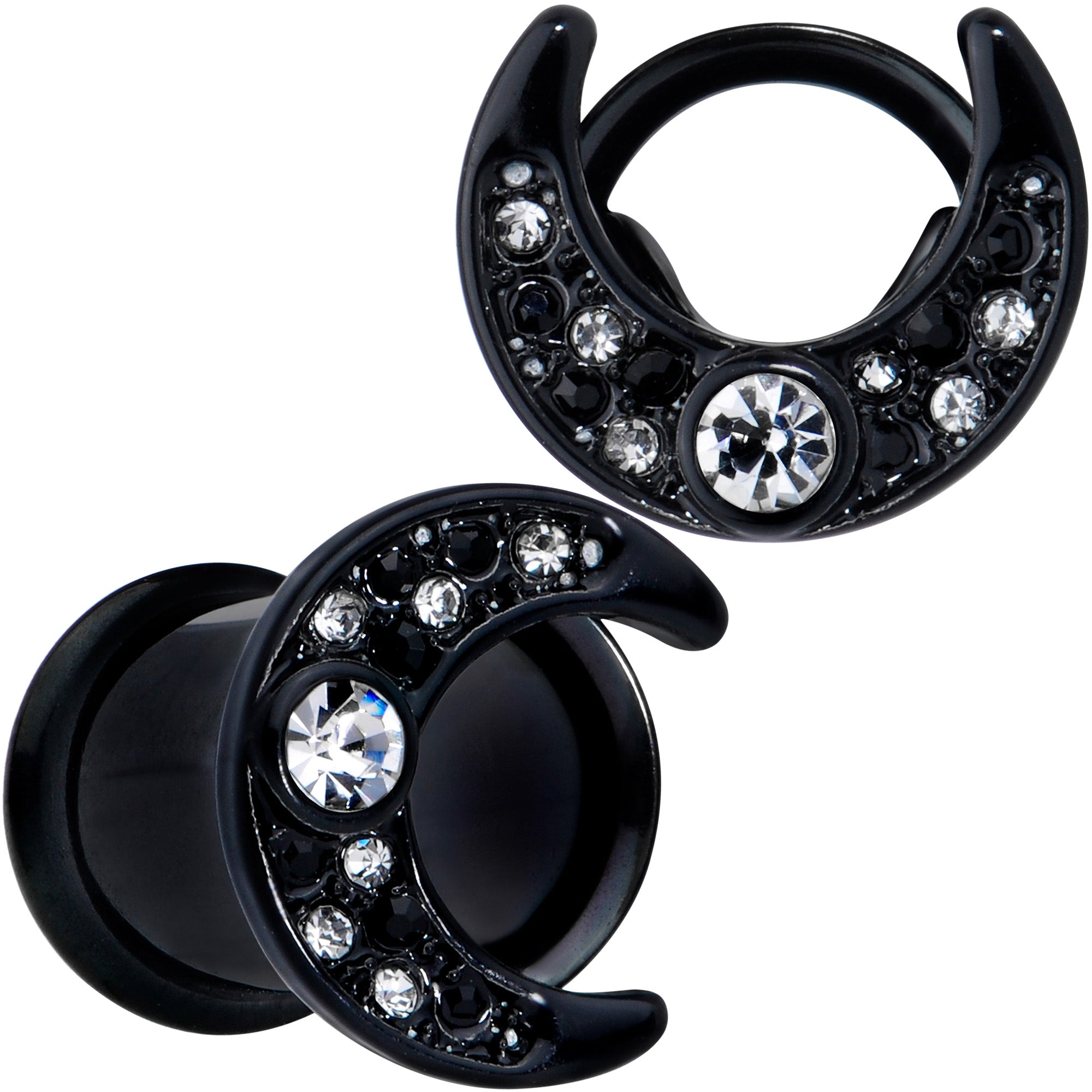 BodyCandy Clear Gem Black Crescent Moon Double Flare Tunnel Plug Set — alternative angle