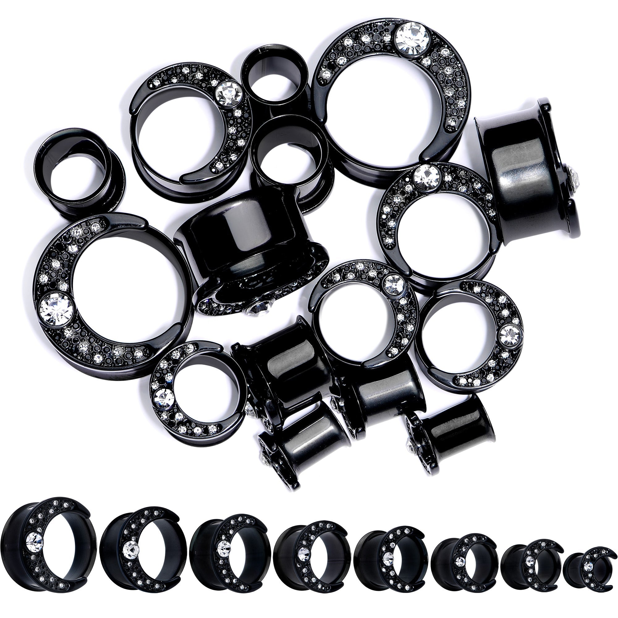 BodyCandy Clear Gem Black Crescent Moon Double Flare Tunnel Plug Set — main product shot