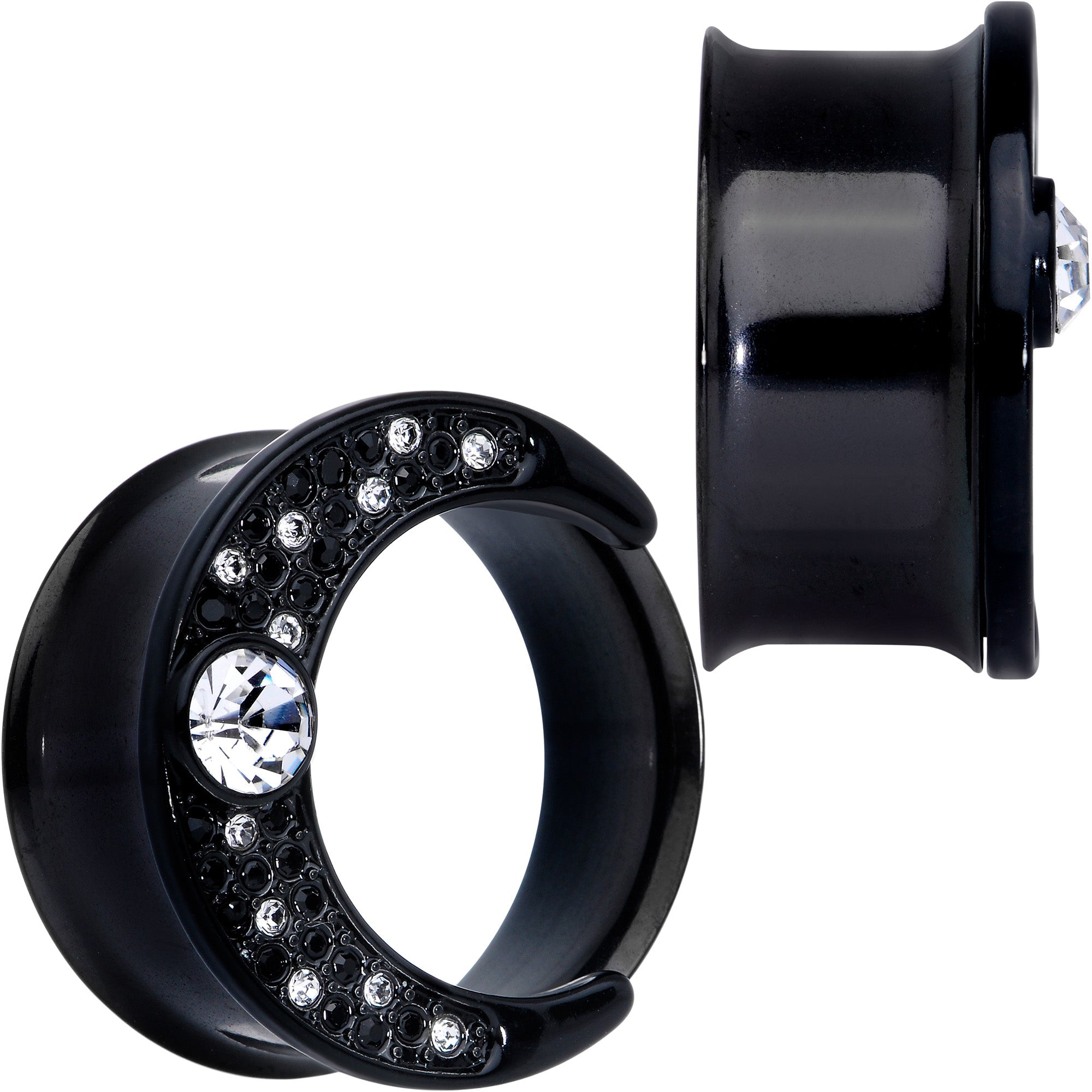 BodyCandy Clear Gem Black Crescent Moon Double Flare Tunnel Plug Set — back view