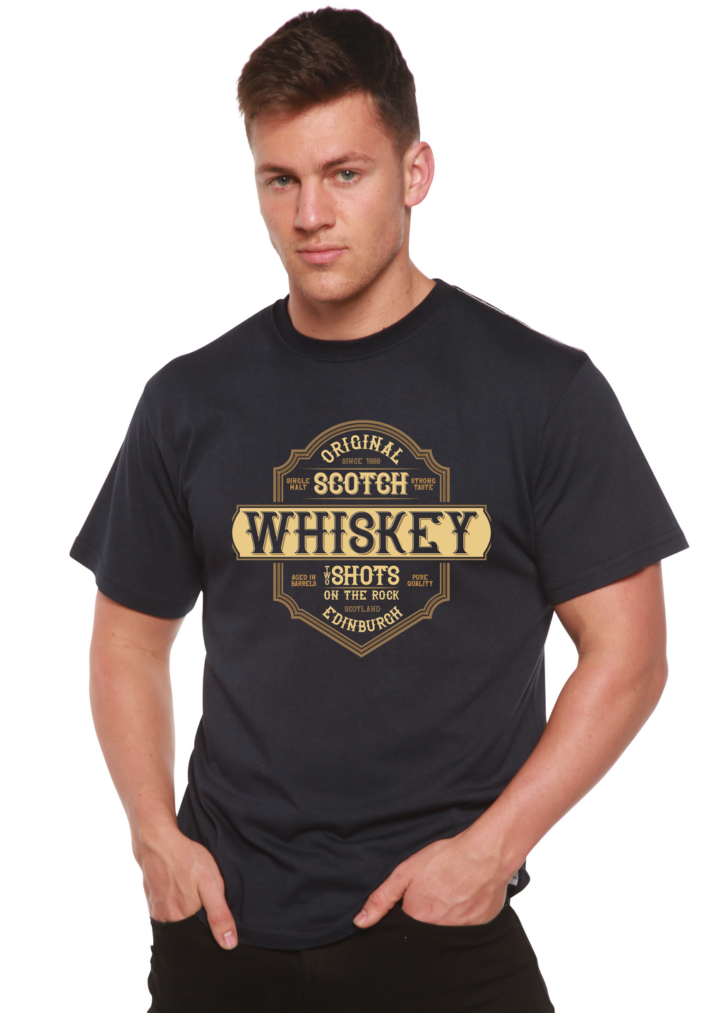 Spun Bamboo Whiskey Men's Bamboo Viscose/Organic Cotton Short Sleeve Graphic T-Shirt — detail close-up
