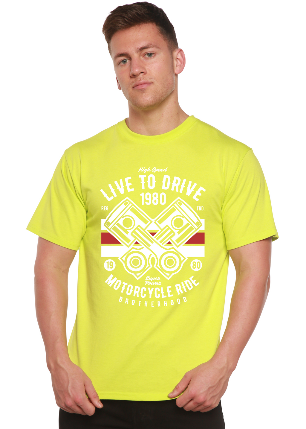 Spun Bamboo Live To Ride 1980 Men's Bamboo Viscose/Organic Cotton Short Sleeve Graphic T-Shirt — in-use photo