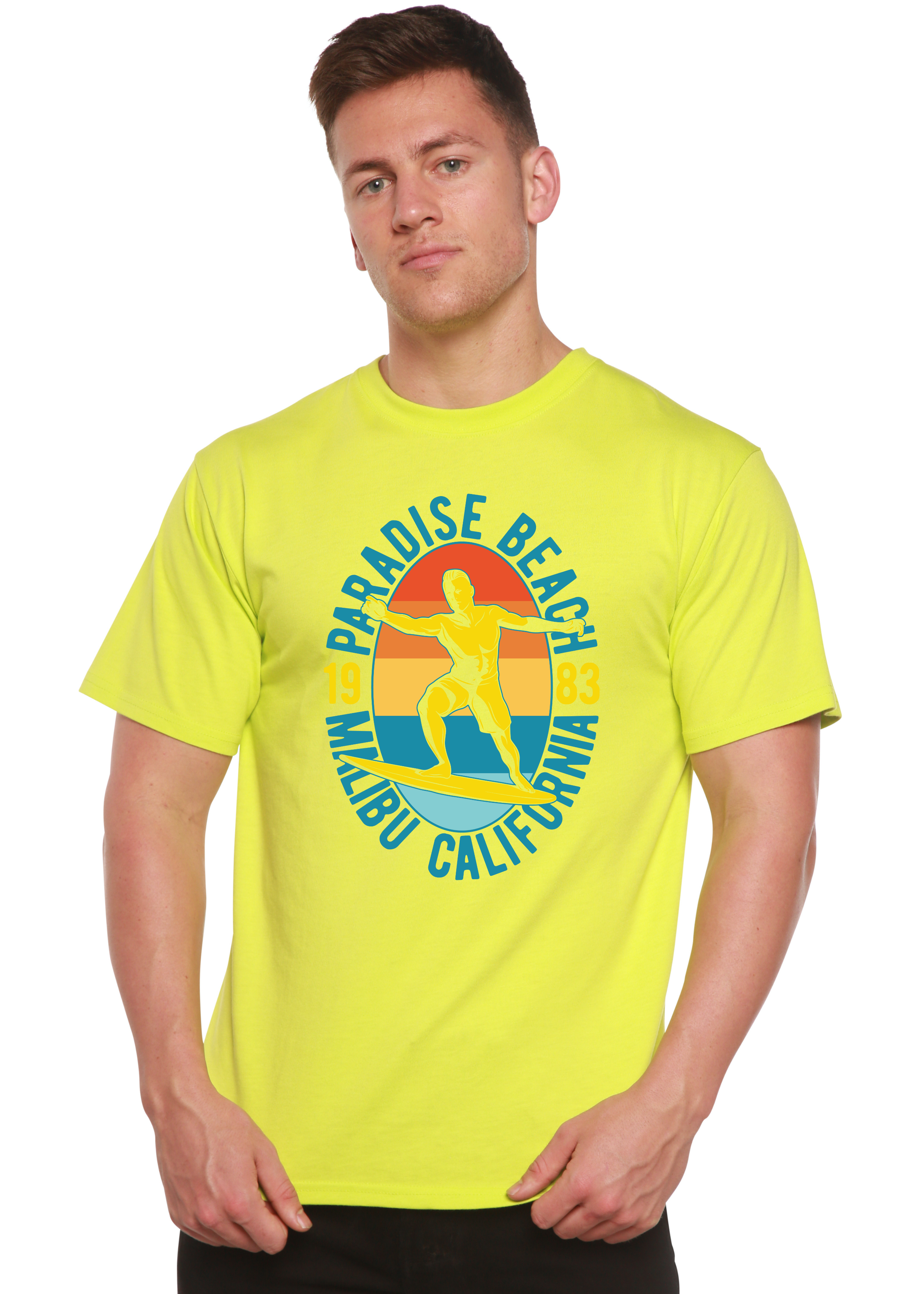 Spun Bamboo Paradise Beach 1983 Men's Bamboo Viscose/Organic Cotton Short Sleeve Graphic T-Shirt — size reference