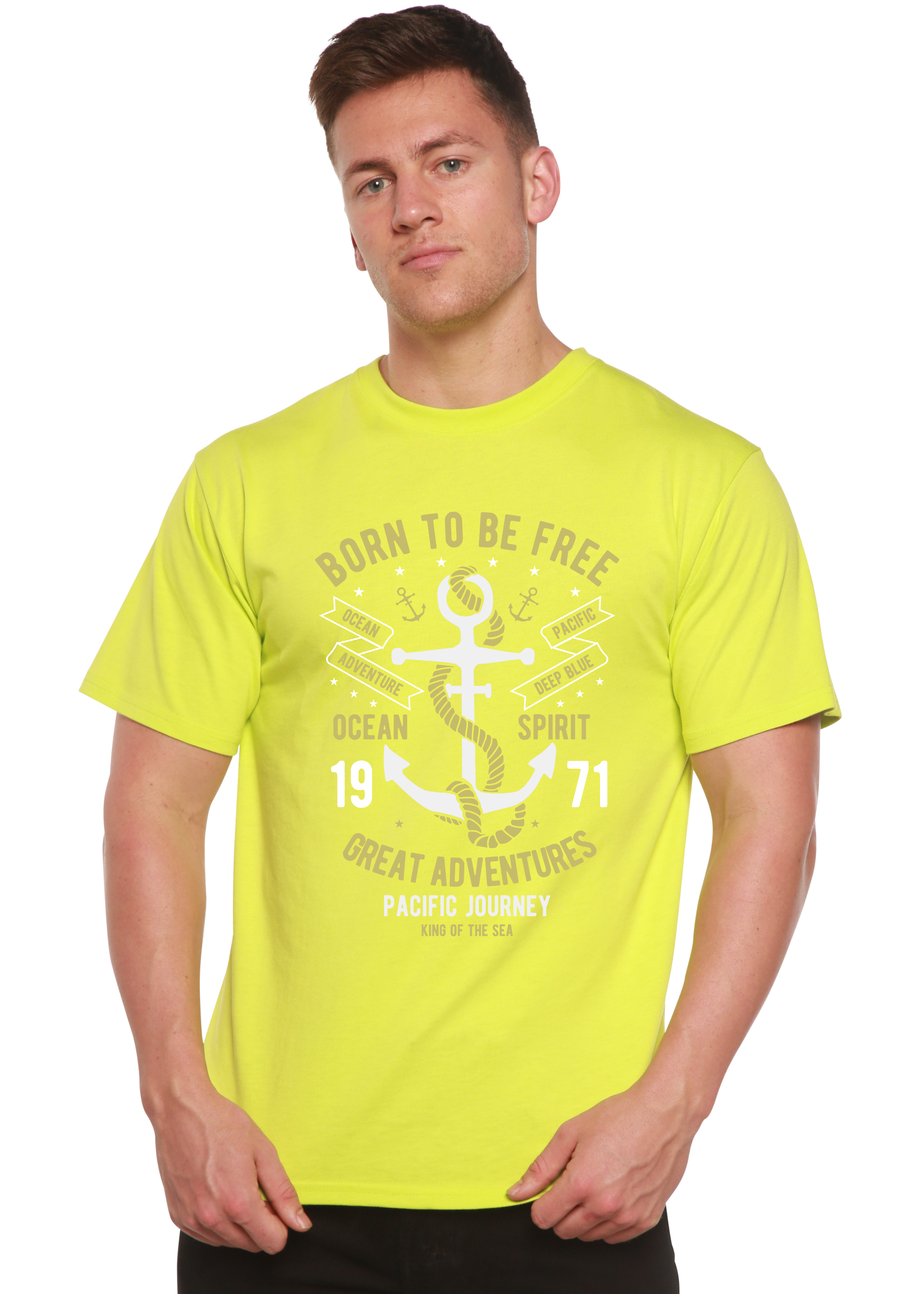 Spun Bamboo Born To Be Free Men's Bamboo Viscose/Organic Cotton Short Sleeve Graphic T-Shirt — size reference