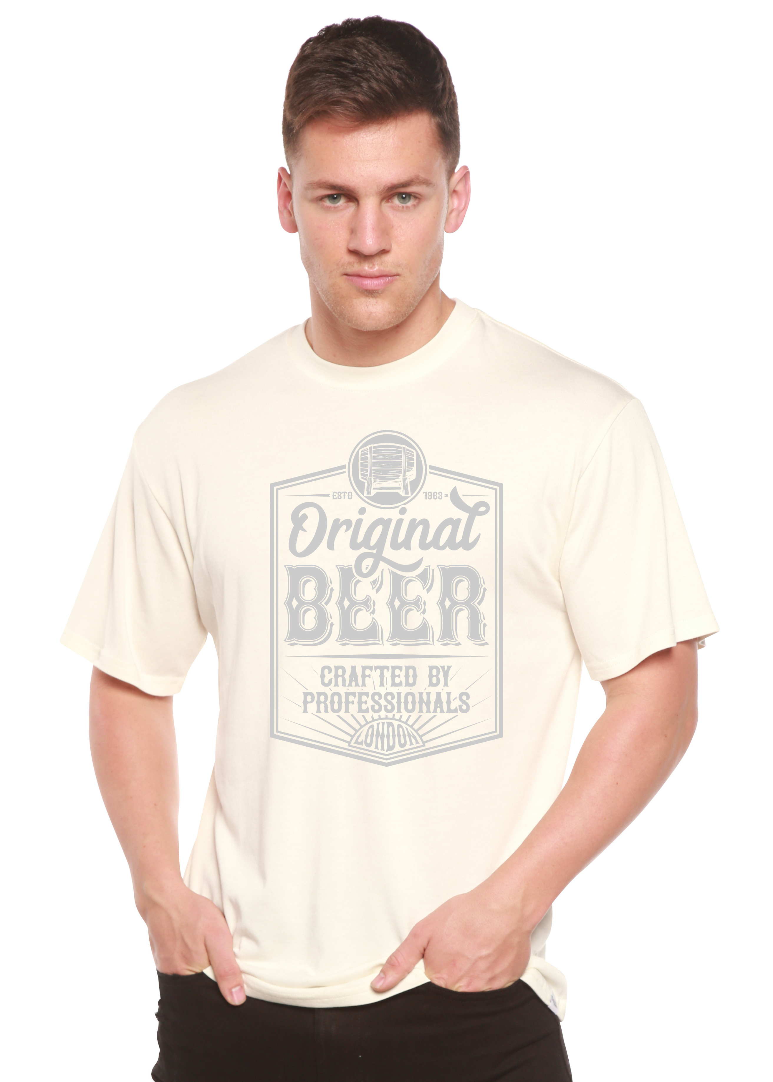 Spun Bamboo Original Beer Men's Bamboo Viscose/Organic Cotton Short Sleeve Graphic T-Shirt — in-use photo