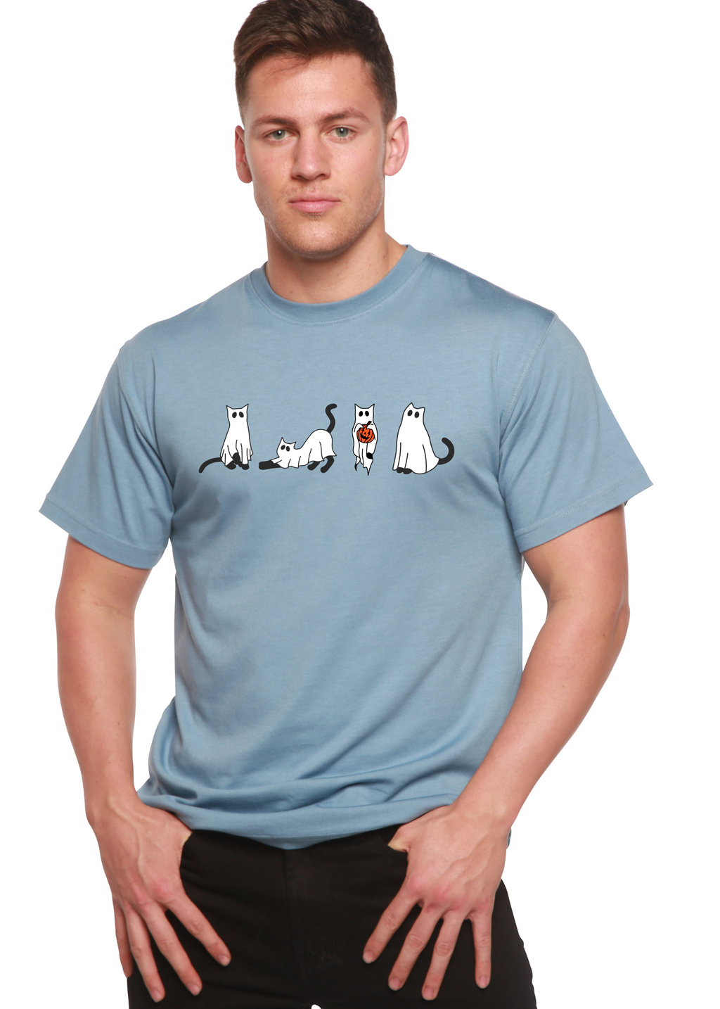Spun Bamboo Halloween Cats Men's Bamboo Viscose/Organic Cotton Short Sleeve Graphic T-Shirt — in-use photo