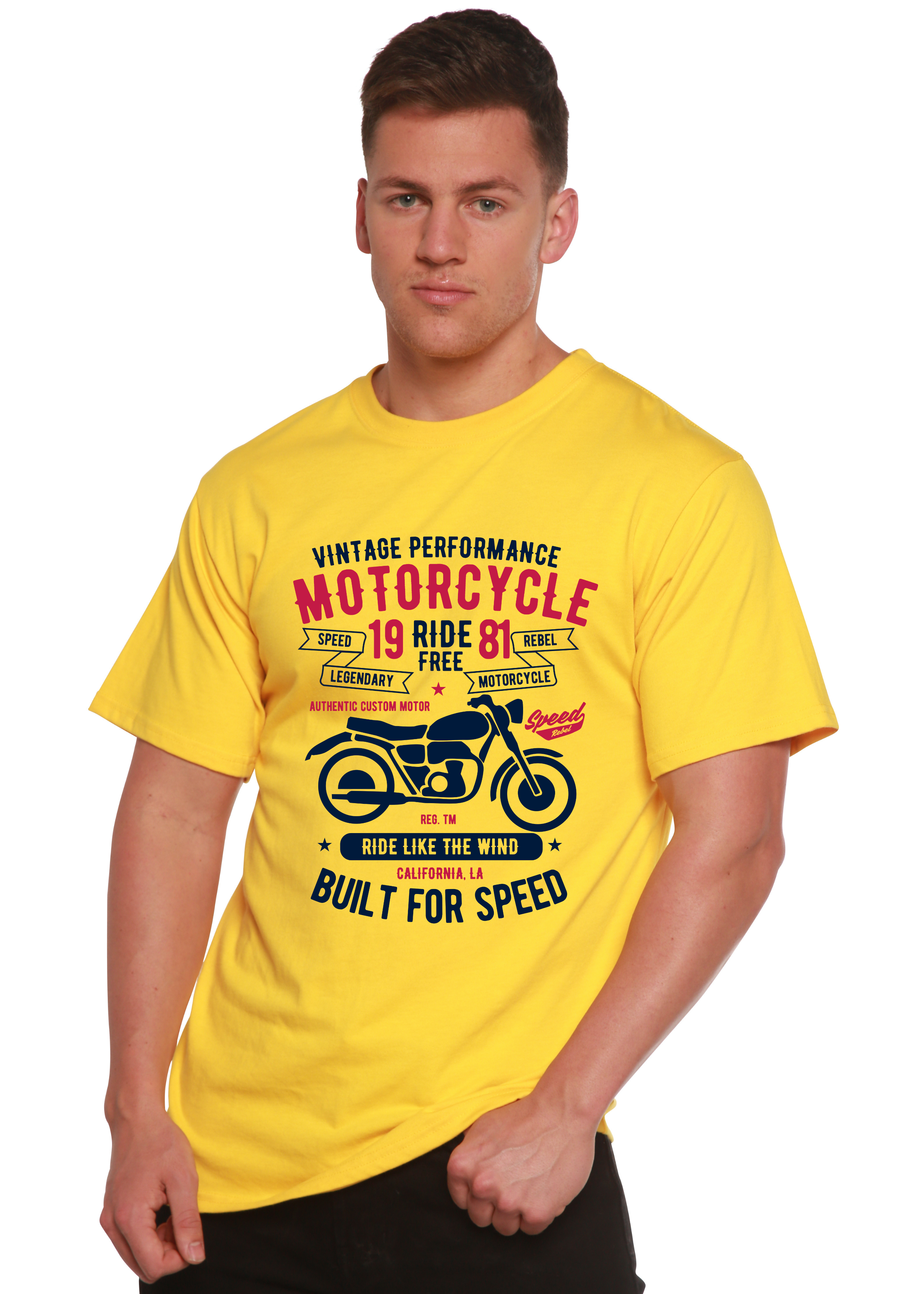 Spun Bamboo Motorcycle Ride Free Men's Bamboo Viscose/Organic Cotton Short Sleeve Graphic T-Shirt — detail close-up