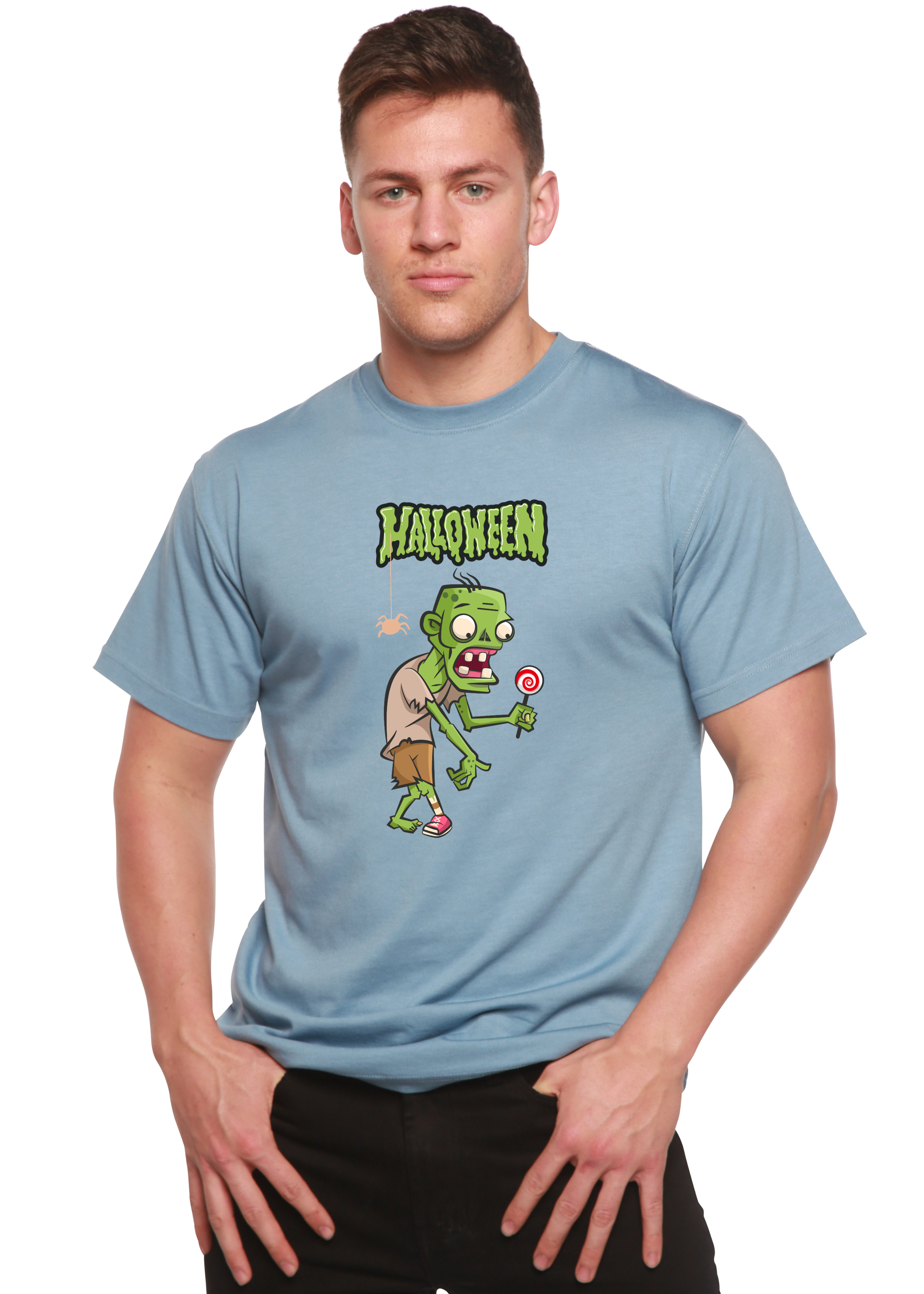 Spun Bamboo Halloween Green Monster Unisex Bamboo Viscose/Organic Cotton Short Sleeve Graphic T-Shirt — comparison shot